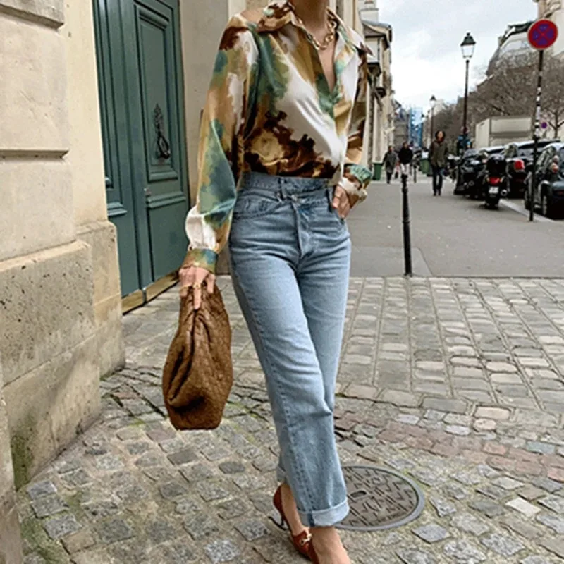 

New 2021 Y2K Retro Autunm Blouses Shirts Vintage Printed Ink Style Korean Lady Fashionable Stylish Wild Tops