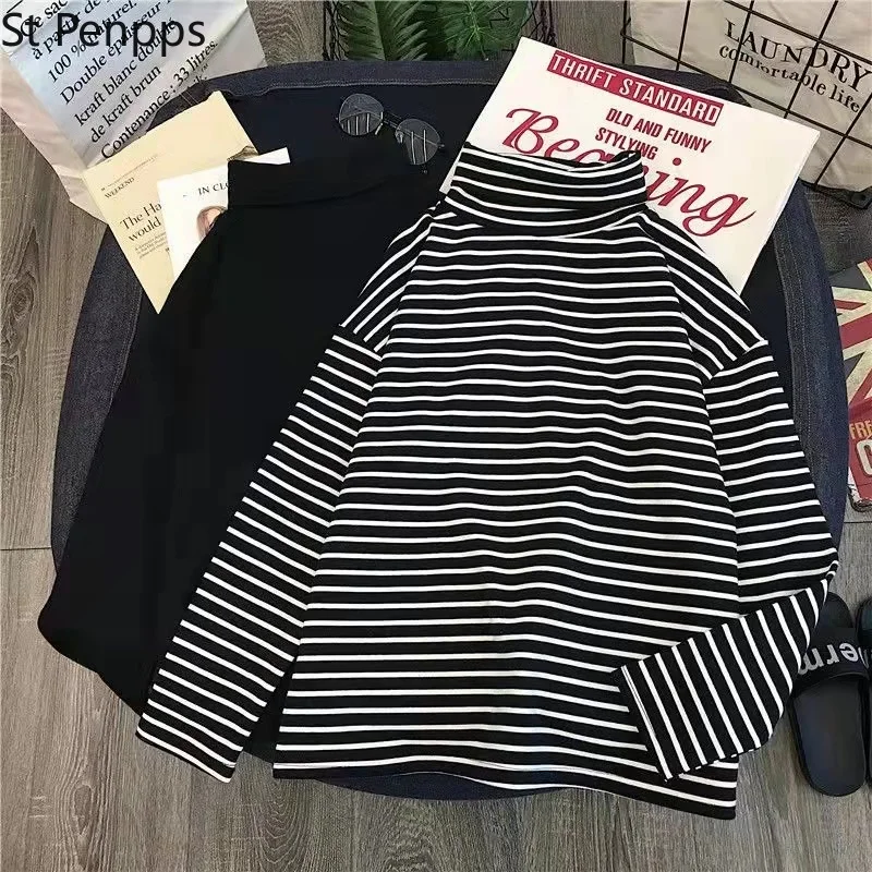 Футболка женская свободного покроя однотонная полосатая Водолазка с длинным