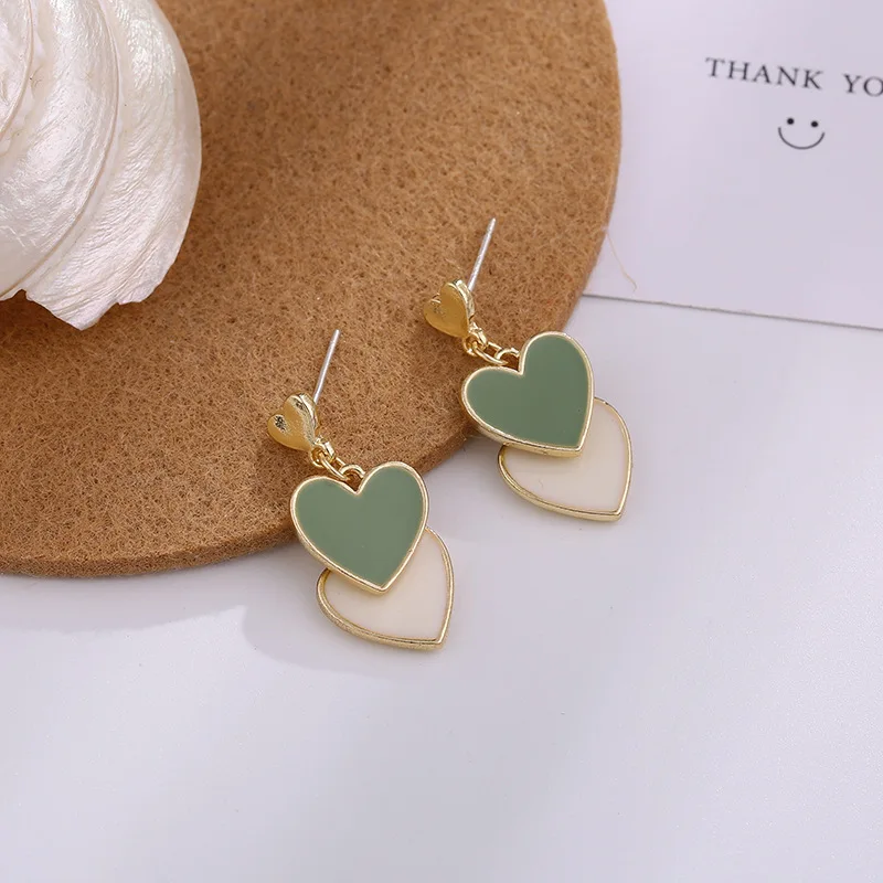 

2021 New Fashion Korean Drop Earrings For Women White Enamel Double Heart Korean Jewelry Female Earring Girls Gift Green Fashion