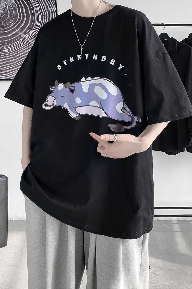 

2021 Cow Print Short-Sleeved T-shirt Men's Ins Fashion Brand Loose plus Size Top Summer Korean Style Trendy All-Matching T-shirt