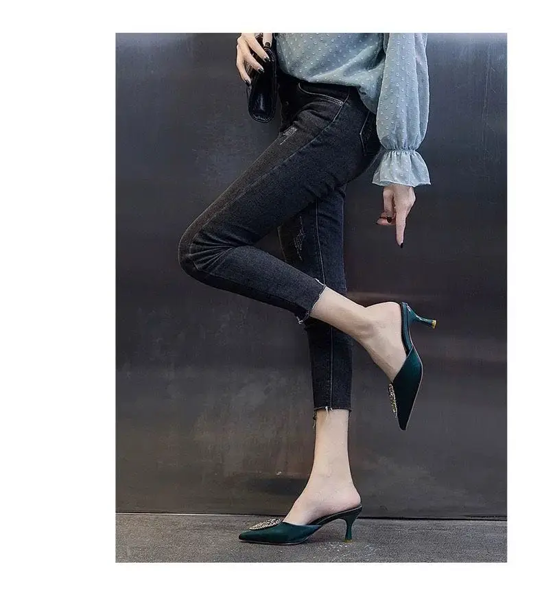

Fashion Slippers Women Indoor High Heels 8cm Slip on Shoes Summer Thin Heels Woman Sandals Pointed Top Woman Pumps Slides