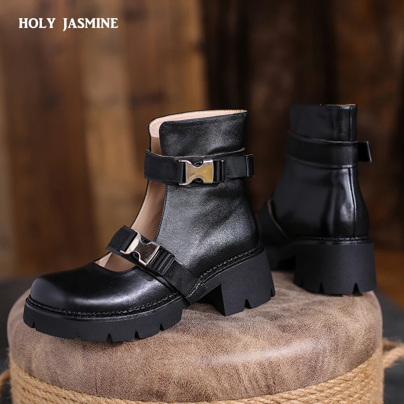 

Женские ботильоны из натуральной кожи, на платформе, с пряжкой