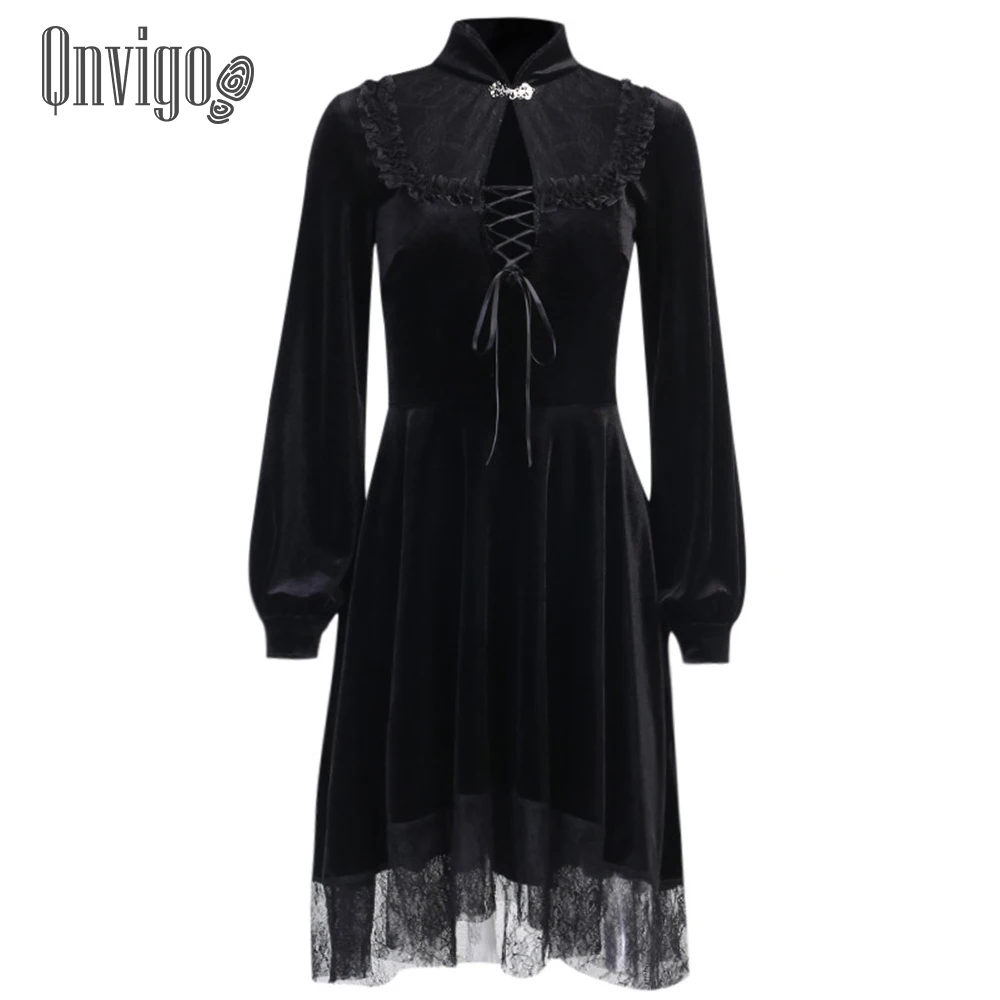 

Qnvigo French Lantern Sleeve Dress Dark Palace Style Autumn Winter Dresses Gothic Elegant Bow Knee-length Long-sleeved Lace Dres