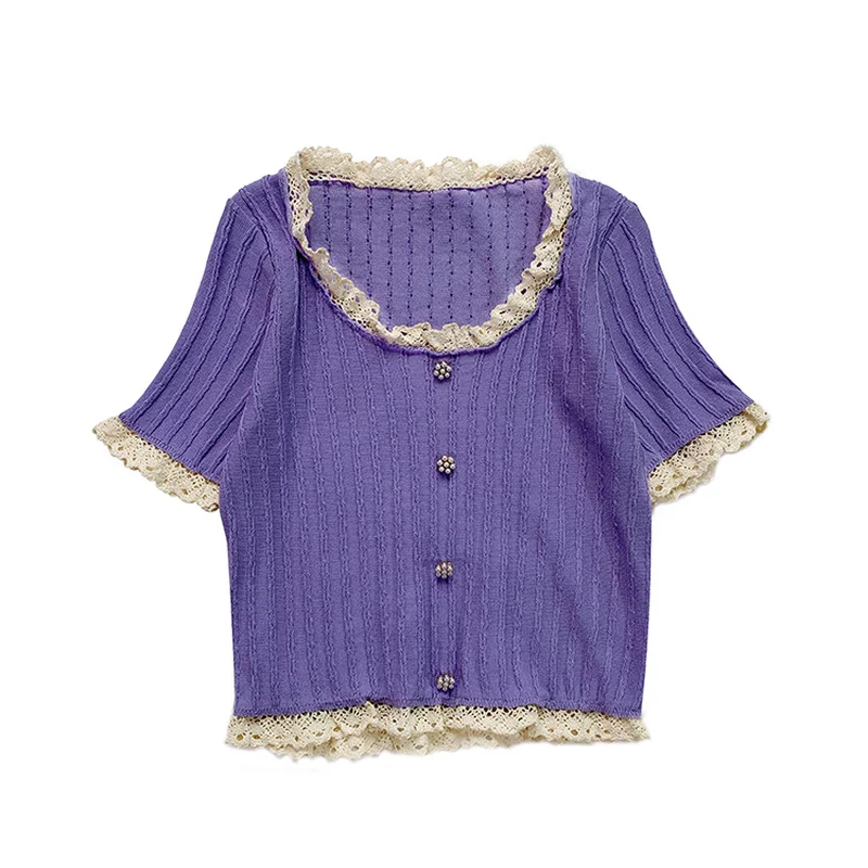 

Crop Top For Women Knitted T Shirt Summer 2020 Short Sleeve O Neck Lace Patchwork Cute Tee Shirt Camisetas Korean Ladies Tops