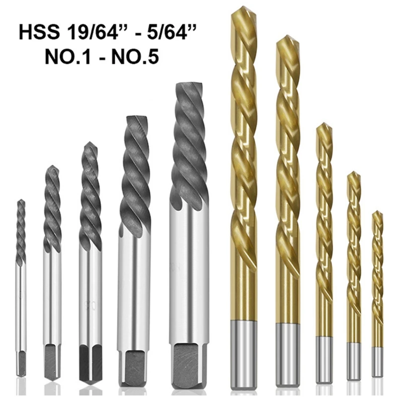 

10-Pieces Damaged Screws Extractor Drill Bit Set Spiral Flute Extractor Kit Broken Bolt Remover