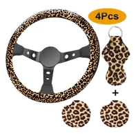 4pc leopard auto parts steering wheel cover keychain car coasters universal waterproof anti skid elasticity protective cover