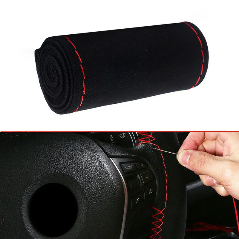

38cm Black Leather & Red Thread DIY Car Steering Wheel Cover Decor Protect Anti-slip Case Universal Interior With Needles Thread