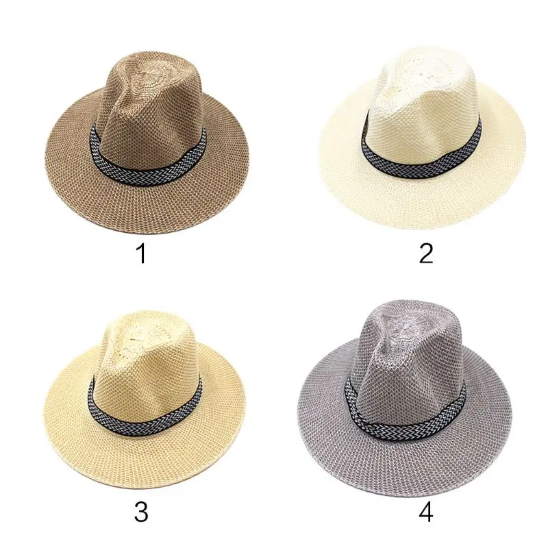 

Men Unisex Summer Beach Straw Sun Hat Ethnic Vintage Extra Large Wide Brim Jazz Bucket Cap Hollow Out Twill Knitted Ribbon 428GD