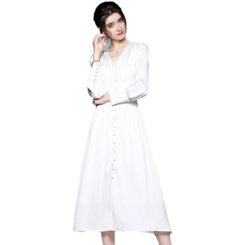 

Office Lady V Neck White Maxi Dress for Women Slim Elegant Clothes Lantern Sleeve Spring Autumn