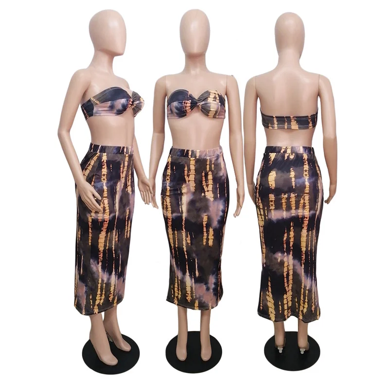 

Women Tie-Dye Print Summer Fashion 2Pcs Set Bra Top+High Waist Skinny Knee-length Skirt Two Piece Outfits Sexy Sets Ladies Wear