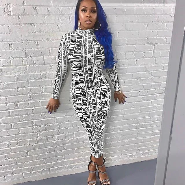Модное длинное женское платье с буквенным принтом повседневное облегающее