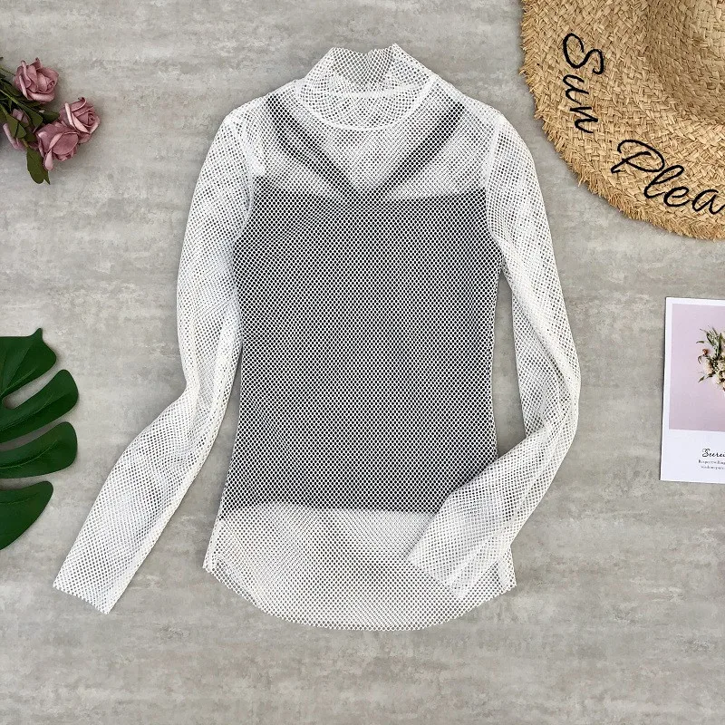 

Fishnet Spring Summer Womens Long Sleeve Sexy Black Mesh Top T Shirts Transparent Punk Club Streetwear Tees Beach Tops