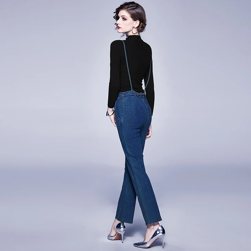 

Europe will qiu dong the new black knitted sweaters denim pants fashion sets