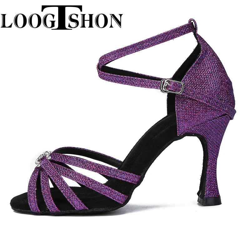 Loogtshon  Loogtshon  Dance shoes 5 strips cross pattern  satin and crystal rhinestones heel 7.5cm Suitable for all types