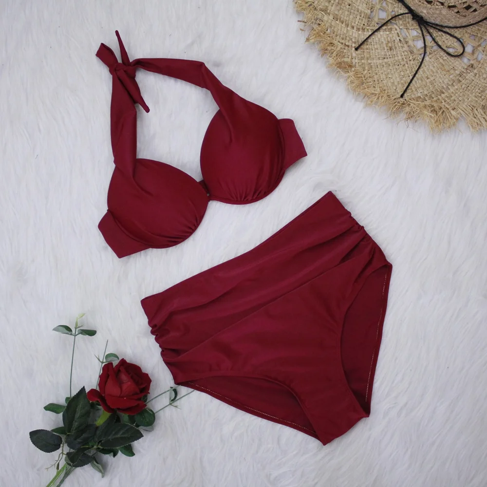 Бикини 2020 пуш-ап два предмета черный купальник с лямкой на шее Ретро стиль