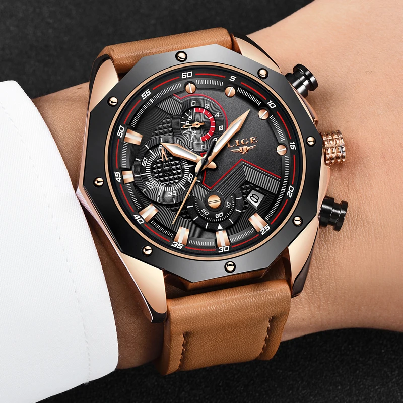 Часы наручные LIGE Мужские кварцевые брендовые Роскошные повседневные