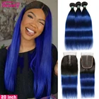 Цветные синие волосы, 3 пряди с зажимами, коричневые швейцарские кружевные Необработанные индийские человеческие волосы, прямые пряди с 4x4 кружевными зажимами