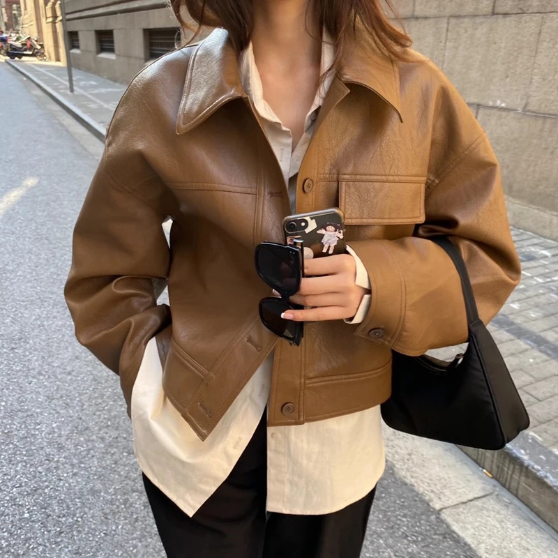 Spring New Women Faux Leather Jacket Vintage Turn-down Collar Loose Street Outerwear Female Elegant PU Leather Jackets