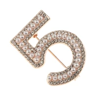 fashion women crystal rhines pearl number 5 brooch pin jewelry