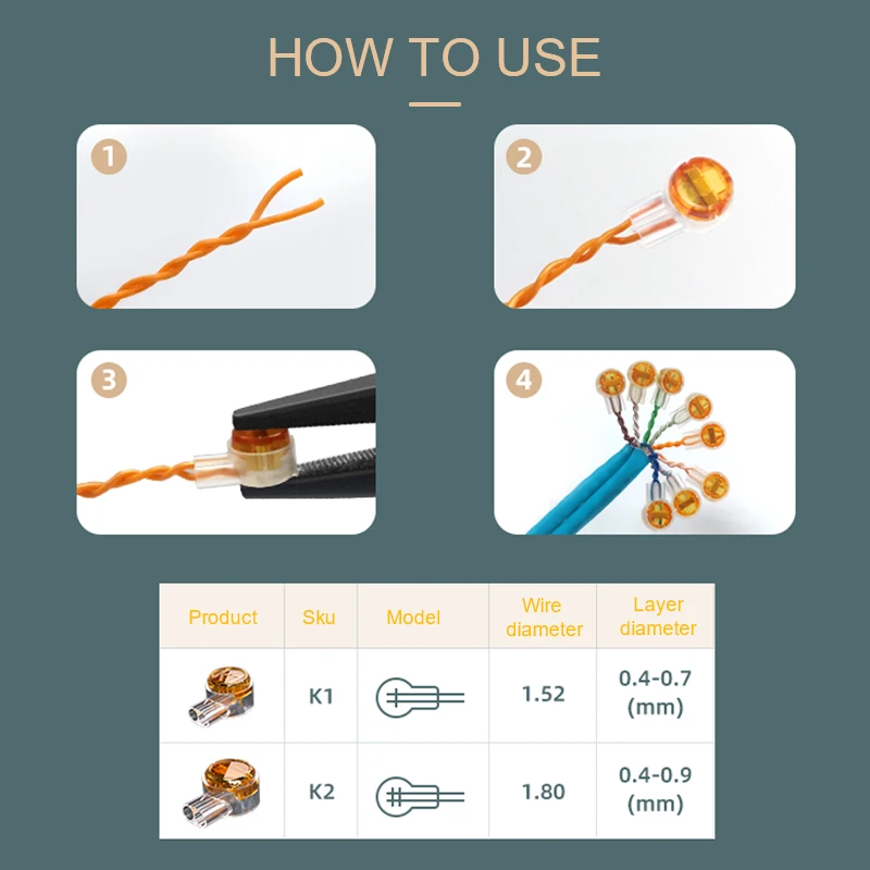 

100Pcs K1 k2 Connector Crimp Connection Terminals Waterproof Wiring Ethernet Cable Telephone Cord Term