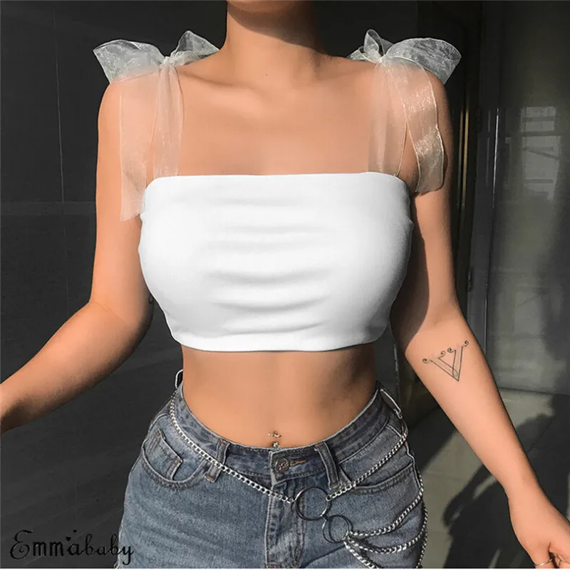 

Women Sexy Tank Top Bandage Off Shoulder Lace Sleeveless Solid Vest Lady's Camis with Ribbons Tube Crop Tops Mesh Strap Tank