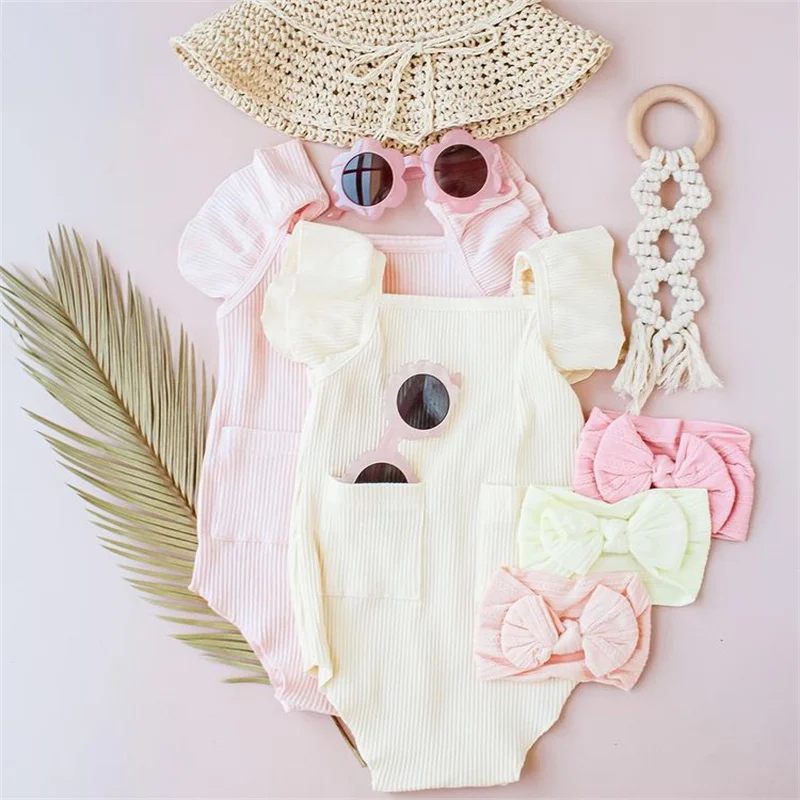 

2Pcs Casual Baby Girls Outfit Toddlers Summer Solid Color Fly Sleeve Romper & Bow Headwear Infant Sweet Clothing Sets