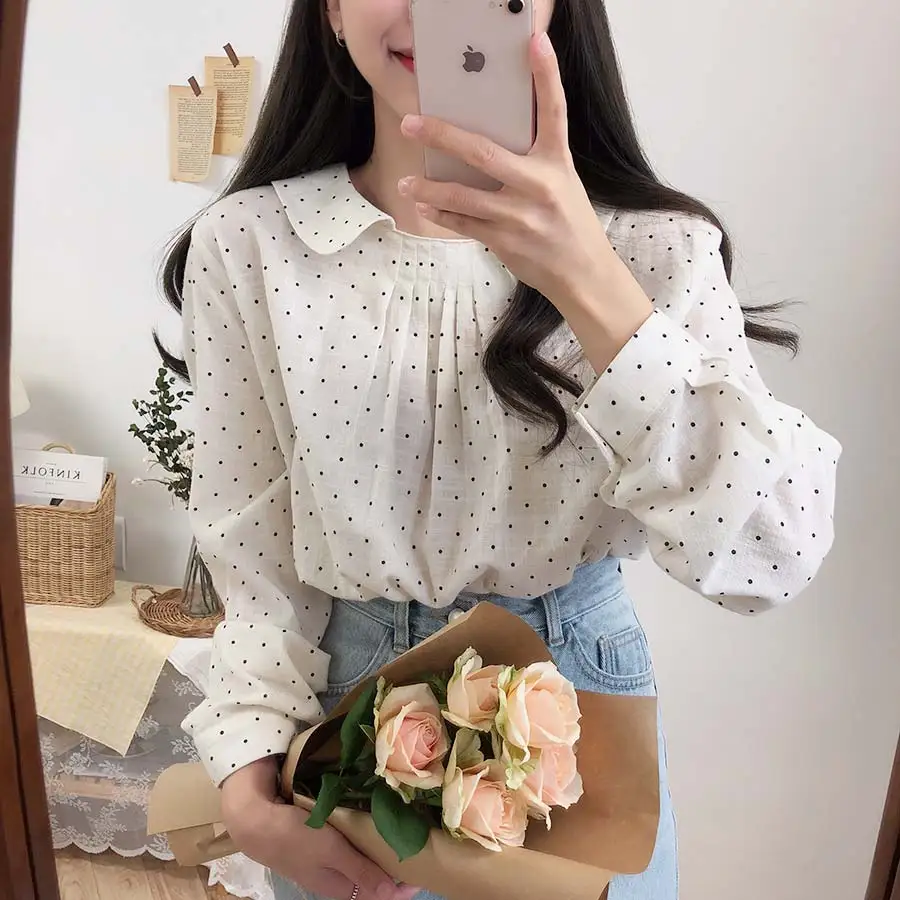 Новинка Весенняя винтажная рубашка в горошек женские топы с длинным рукавом