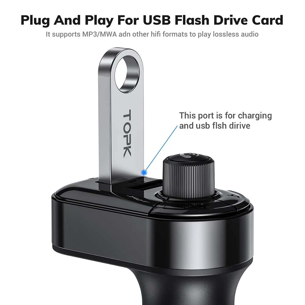 Автомобильный комплект TOPK 4.1A с функцией быстрой зарядки USB Bluetooth FM-передатчик