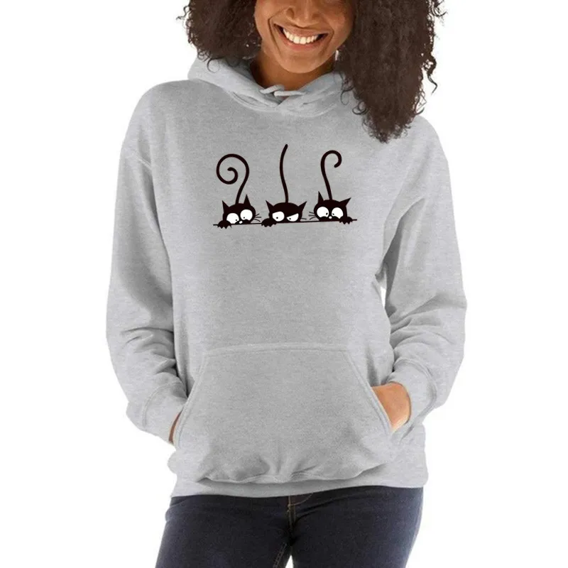 

Fun Pattern Printed Long Sleeve Hooded Woman Cat Priting Hoodies Oversized Sweatshirt Women Clothing Couple Clothes