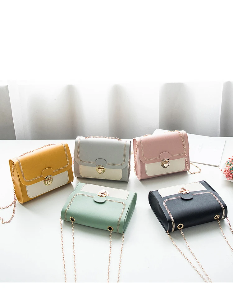 

Korean Lock Mini Square Bag Women 2021 Spring New Embroidered Bag Color Stitching Wild Shoulder Bag Student Mobile Phone Bag