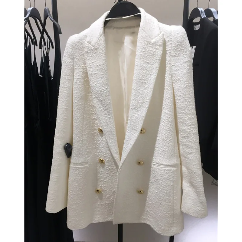 

2021 Spring Autumn Women Fashion White Pink Tweed Blazers And Jackets Chic Button Office Suit Coat Ladies Elegant Outwear