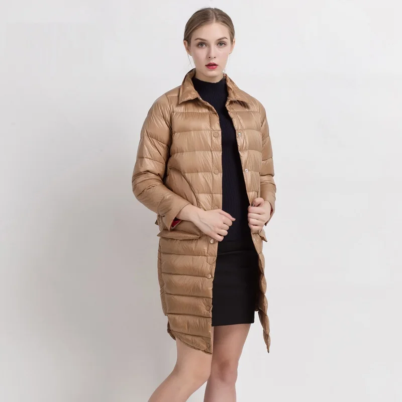 

Осенне-зимние женские пуховики светильник Кая куртка на утином пуху, женское Модное Длинное пуховое пальто