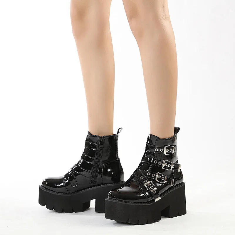 2021 Thick Sole Belt Buckle Women's Boots Autumn Chunky Heel Motorcycle Shoes Female Side Zipper Platform Ankle Boots
