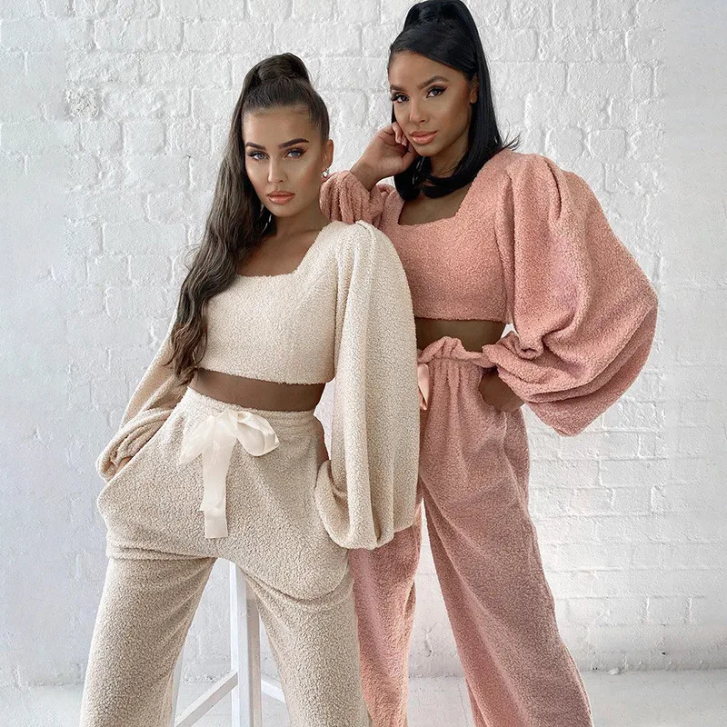 

hirigin Fleece Lantern Sleeve Casual Bow Top and Pant Set Fashion Outfit Club Party Matching Set 2 Piece Women Set Fall