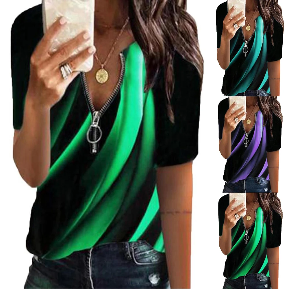 

Women Short Sleeve Printed Pullover V-Neck Top Zipper Casual Comfy Fashion T-Shirt Blouse Ladies Pullover Wearing Shirt Cloth