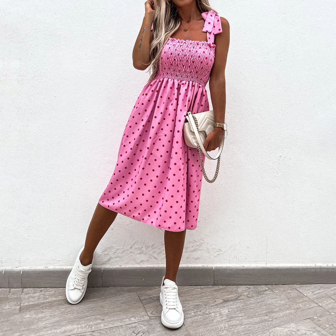 

Fashion Women Summer Flower Print A-Line Dress Shrinkage Design Pockets Bandage Decor Sling Sleevelss Square Collar Slim Dress
