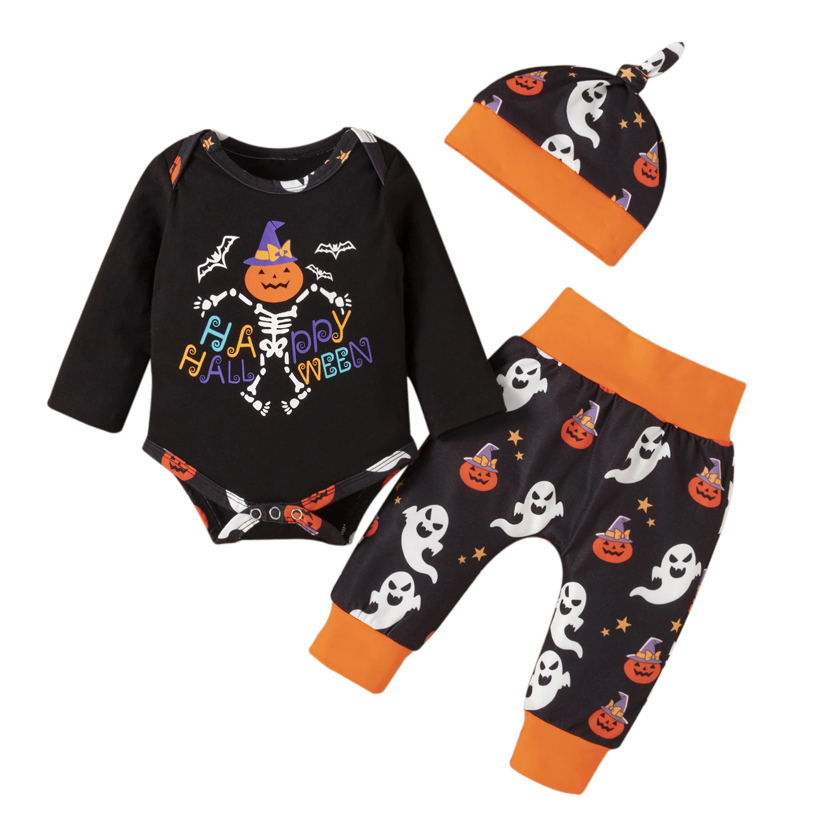 

3 Pcs Newborn Halloween Outfits, Skull & Letter Print Long Sleeve Round Neck Romper + Color Block Pants + Knotted Cap