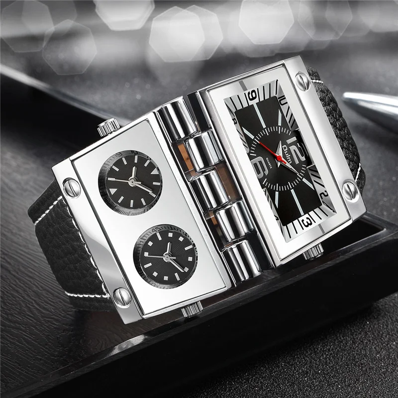 

OULM HP9525 Big Dial Male Quartz Watch 3 Time Zone Unique Design Men's Sport Watches Punk Style Leather Wristwatch Dropshipping