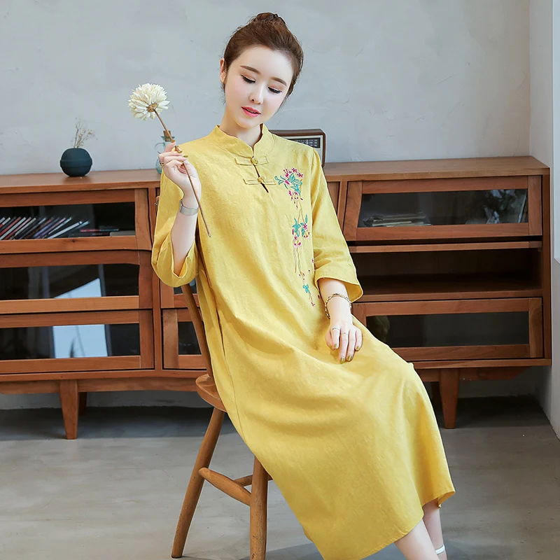 Платье женское хлопково-льняное в китайском ретро стиле винтажное вечернее