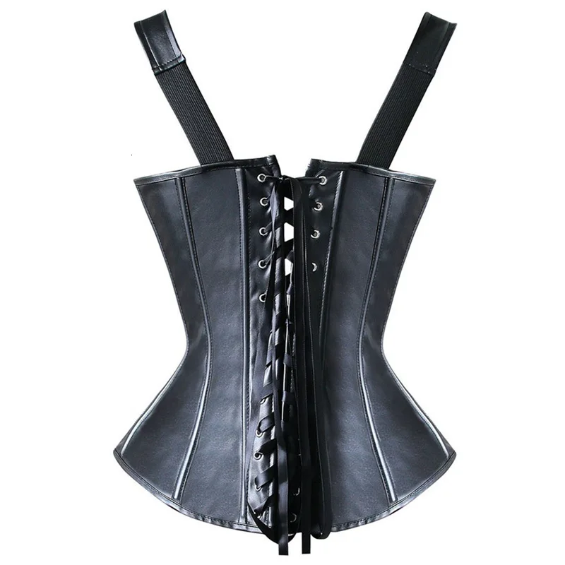 

Faux Leather Corset Top Shoulder Strap Corselet Black Zipper Buckled Bustier Waist Trainer Vest Corset Overbust Women Steampunk
