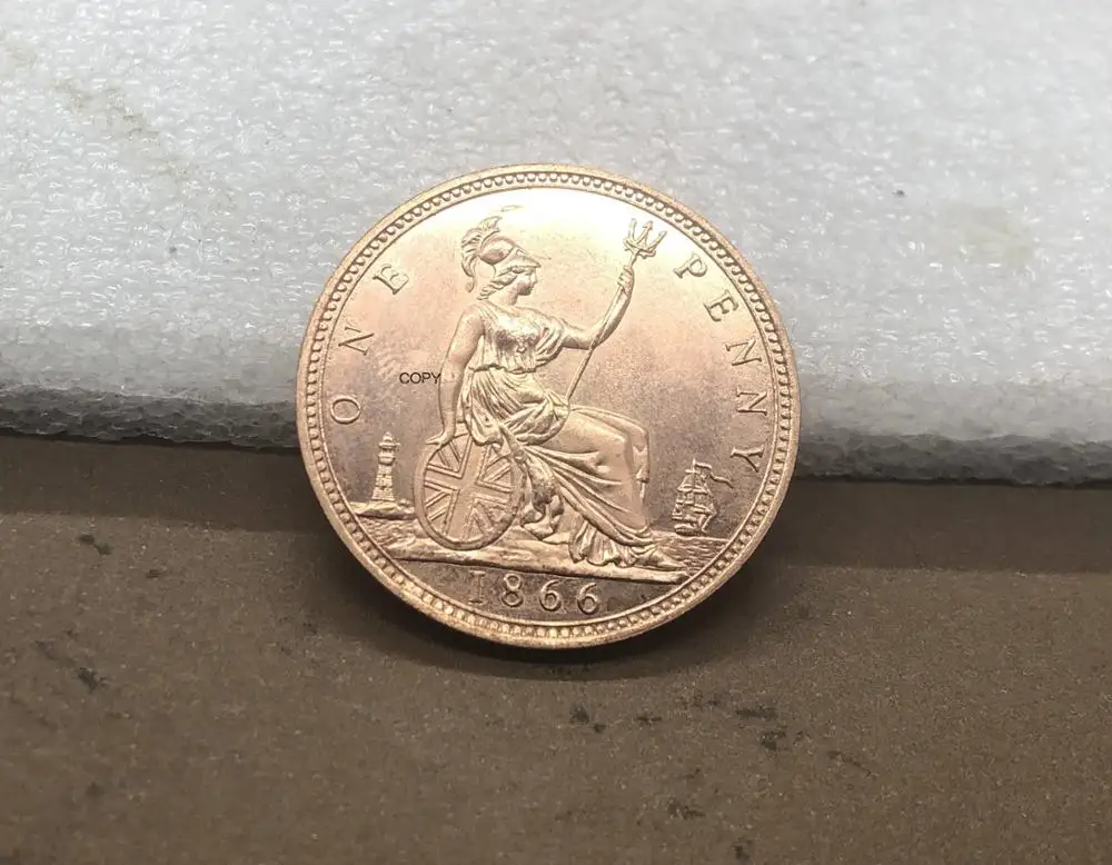 

United Kingdom 1866 1 One Penny Queen Victoria Great Britain Bronze Portrait Red Copper Copy Coin With Smooth Edge