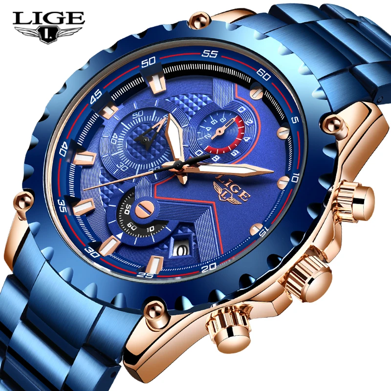 LIGE модные деловые мужские водонепроницаемые часы из нержавеющей стали военные