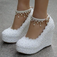 woman shoes crystal queen white wedges wedding pumps sweet white flower lace pearl platform pump shoes bride dress high heels