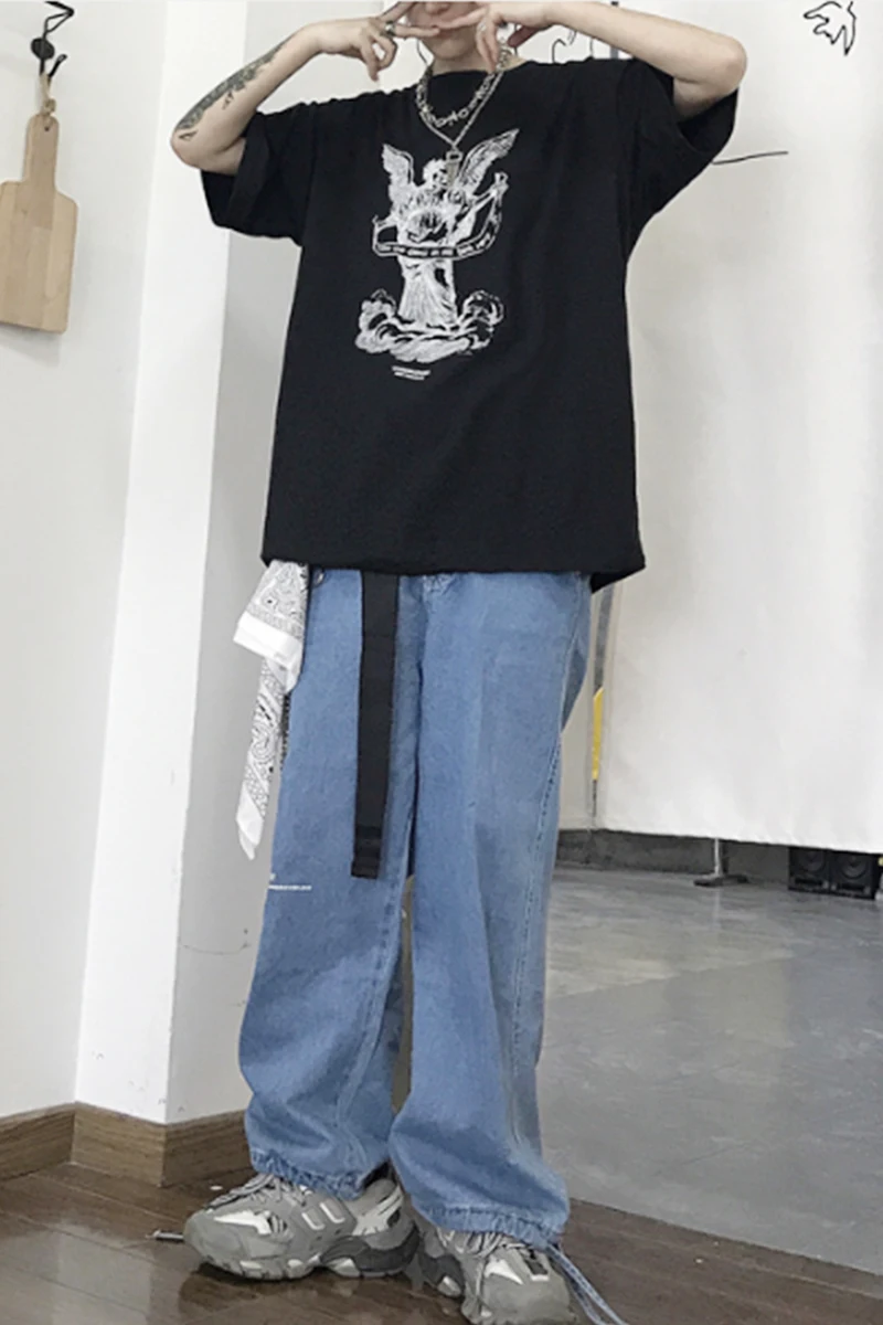 

2020 Spring And Autumn New Youth Popular Loose Large Size Jeans Fashion Casual Letter Print Bouquet Feet Pants Blue M-2XL