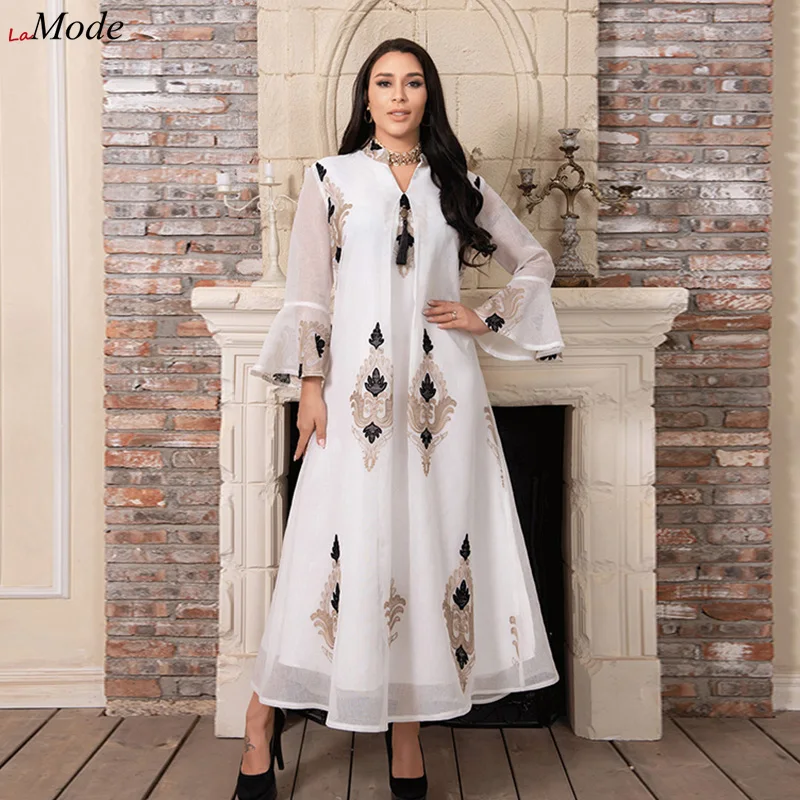 

Женское Сетчатое платье-абайя с вышивкой, турецкий мусульманский марокканский кафтан, Дубайский арабский халат Jalabiya, белый этнический хала...