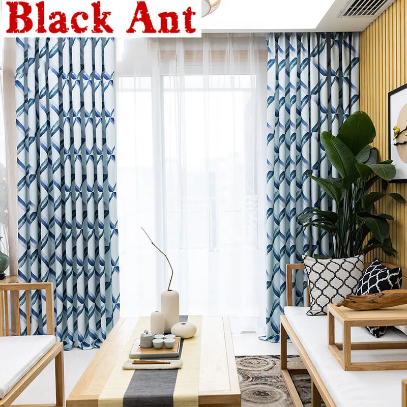 Синие занавески Блэкаут для гостиной с геометрическим рисунком кухни прозрачные