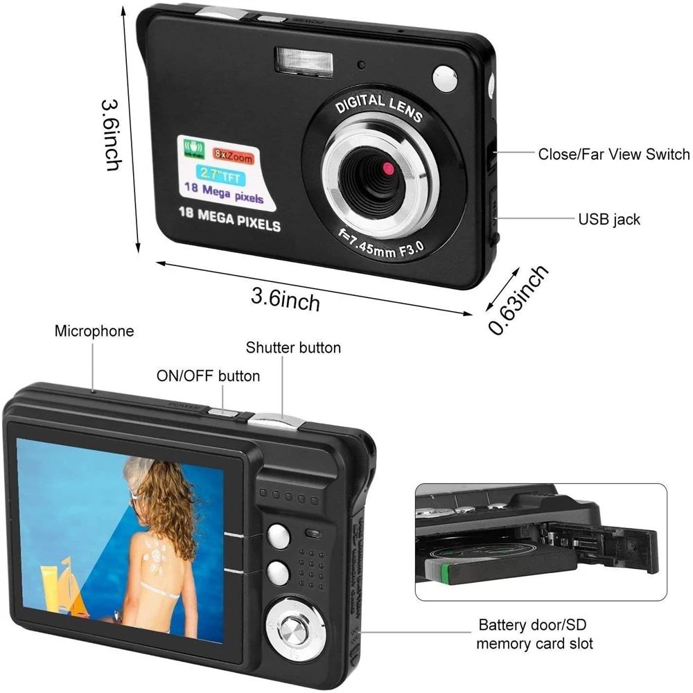 2 7 дюймов 18mp 720p Портативная цифровая мини камера 8x зум TFT LCD экран Камера