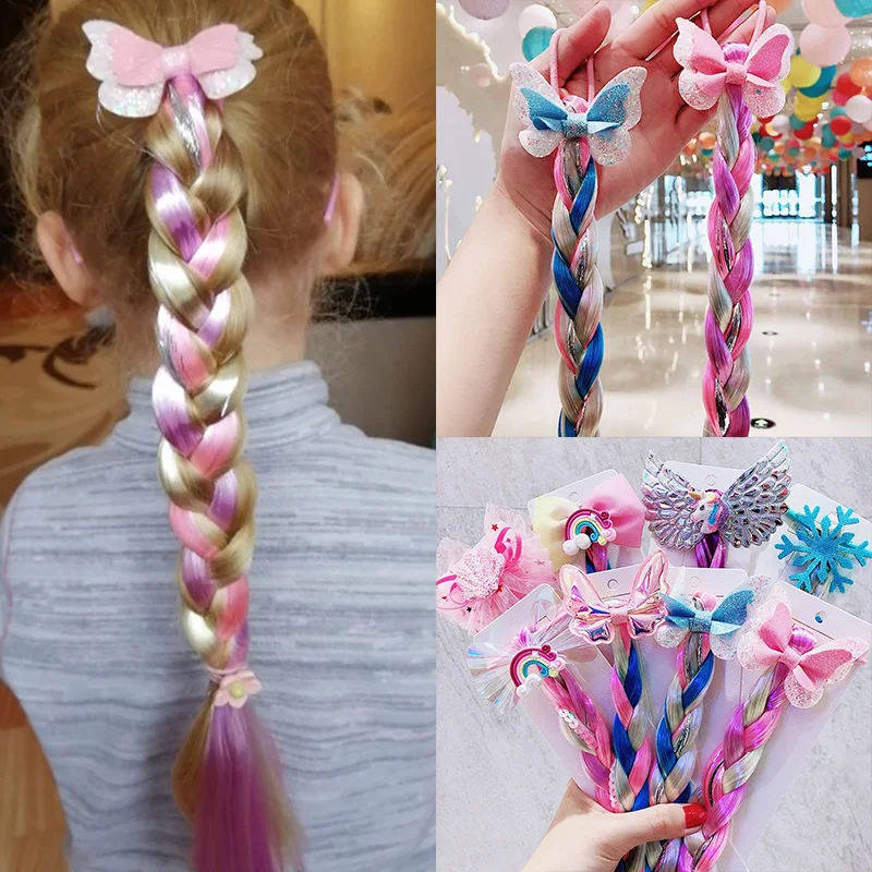 2021 New Girls Cute Cartoon Bow Butterfly Colorful Braid Headband Kids Ponytail Holder Rubber Bands Fashion Hair Accessories | Аксессуары