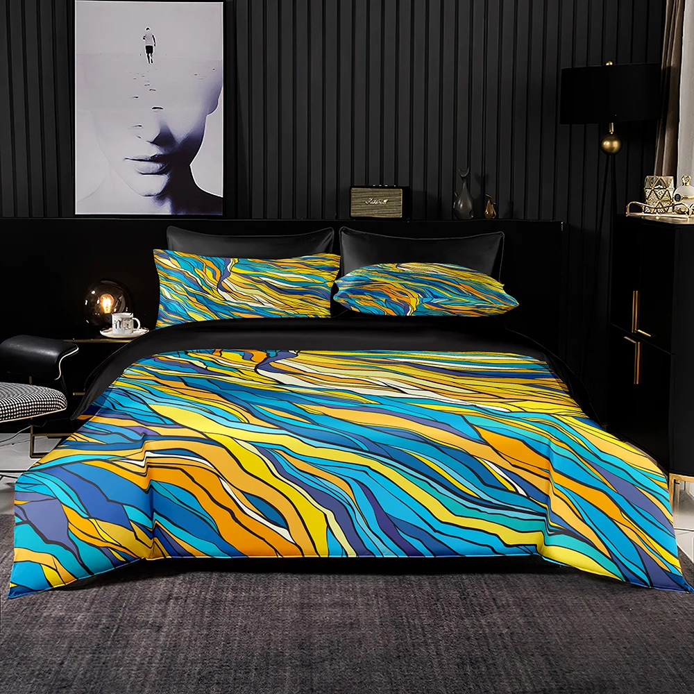

Fashion Bedding Set Blue Yellow Marble Printed Duvet Cover Pillowcase Double Queen Size Classic Grid for Home