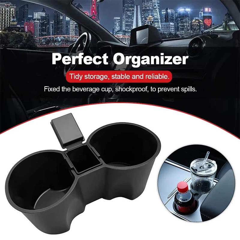 

Car Armrest Cup Drink Holder Limiter Front Center Console Bottle Insert Organizer Dual Hole Divider for Tesla Model 3 / Y 2021